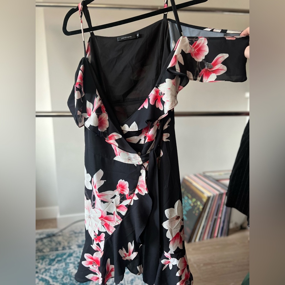 Portmans mini wrap dress with off the shoulder flutter sleeve